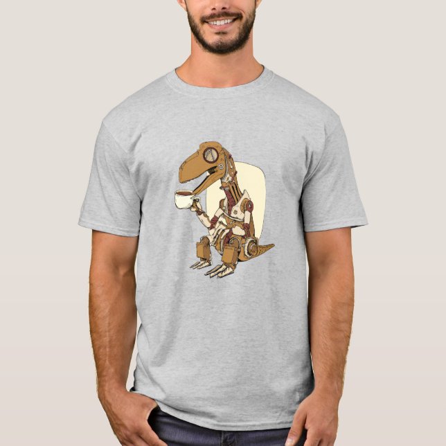 Robot Dinosaur Drinking Coffee  T Shirt (Framsida)
