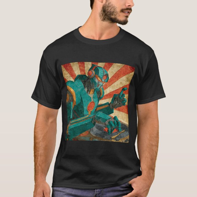 Robot DJ on Vinyl – Retro Sunburst Poster T Shirt (Framsida)