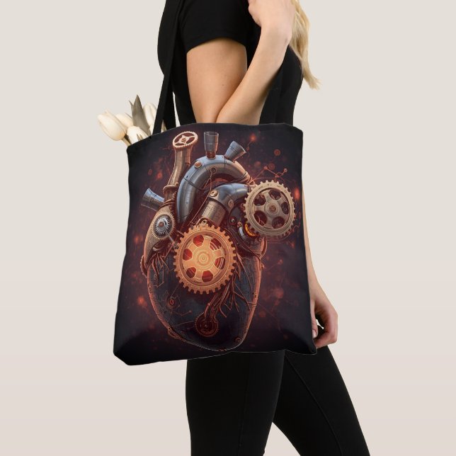 Robot Energy Tote Bag – Gear Heart Tech Design Tygkasse (Närbild)