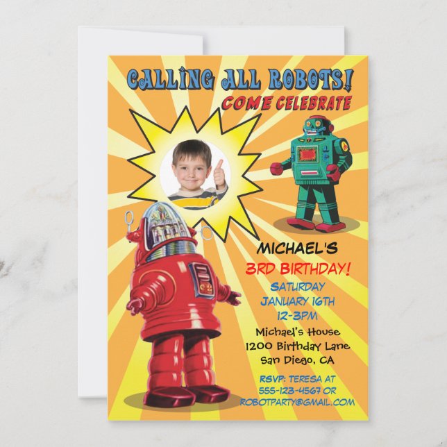 Robot Födelsedagsfest Photo Insert-inbjudan Inbjudningar (Framsida)