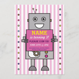 ROBOT Födelsedagsfest Rosa Rand Girls-inbjudan Inbjudningar