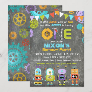 Robot Genius Gears Verktyg Chalkboard Birthday Inbjudningar