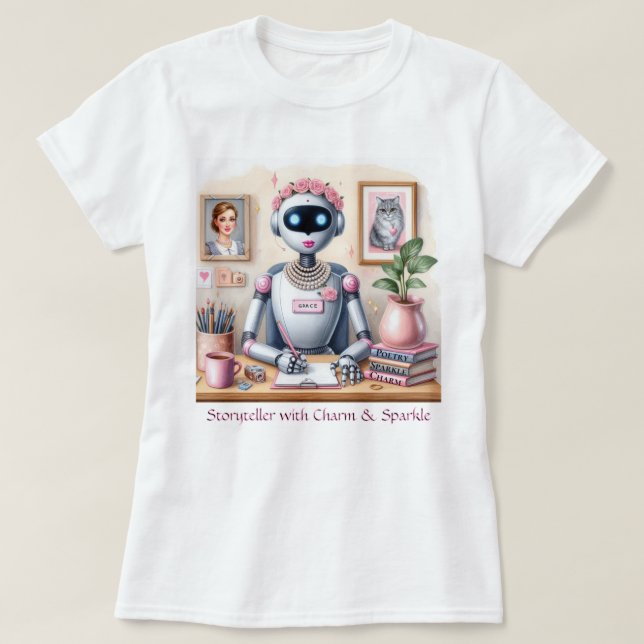 Robot Grace Storyteller Poetry Charm Gnistra Rosa T Shirt (Design framsida)