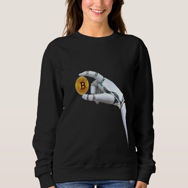 Robot Hand Holders of Bitcoin Blockchain Cryptocur T Shirt (Framsida)