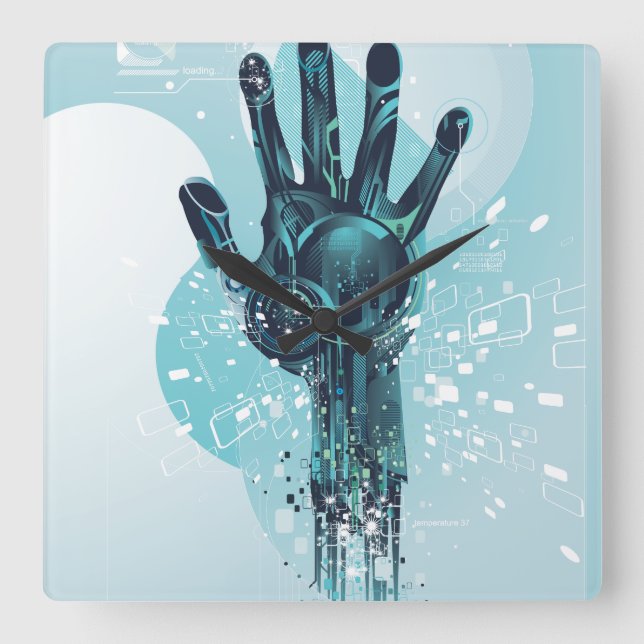 Robot Hand Wall Clock Fyrkantig Klocka (Framsida)