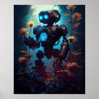 Robot Holding Flowers Poster