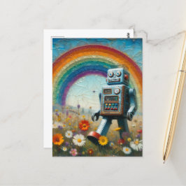 Robot i en Flower Meadow med regnbåge Vykort