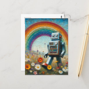 Robot i en Flower Meadow med regnbåge Vykort