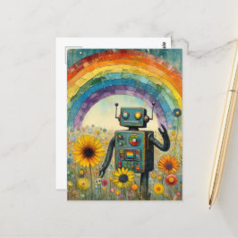 Robot i en Flower Meadow med regnbåge Vykort