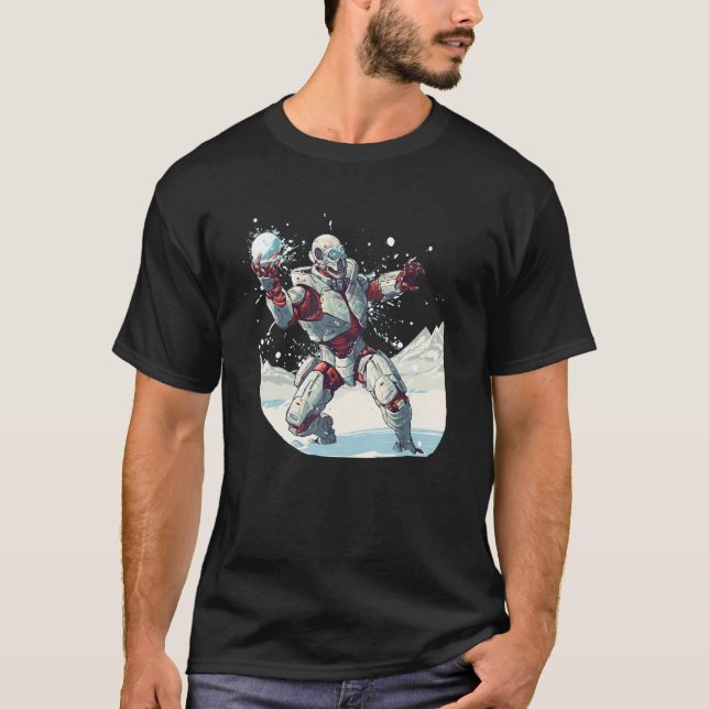 Robot i Snowball Fights för AI Cyborg Fläkt T Shirt (Framsida)