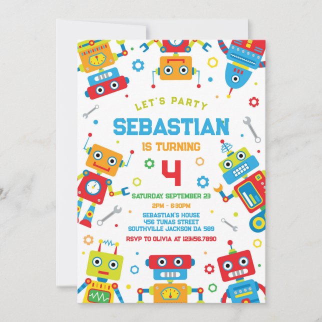 Robot Kids Birthday Invitation Inbjudningar (Framsida)