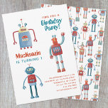 Robot Kids First Födelsedagsfest inbjudan<br><div class="desc">Dags för party! En roligt små robotar,  redo att anpassa med ditt barns namn,  ålder och party. Baksidan har en söt och vismisk robot mönster.</div>