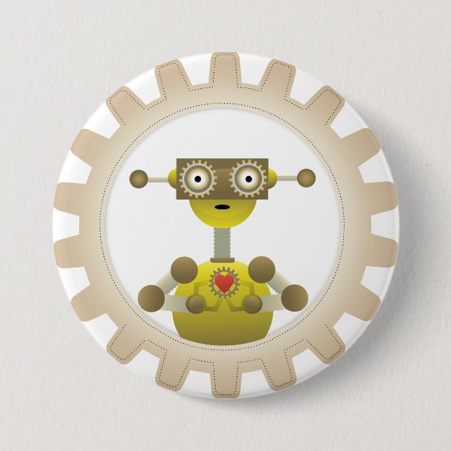 Robot med Steampunk Gear Heart Button Knapp (Framsida)