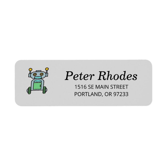 Robot på hjul på grå returadress etikett (Framsidan)