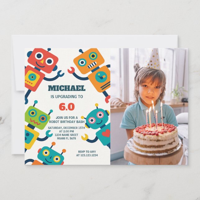 Robot Party-inbjudan, för barn med foto Inbjudningar (Framsida)