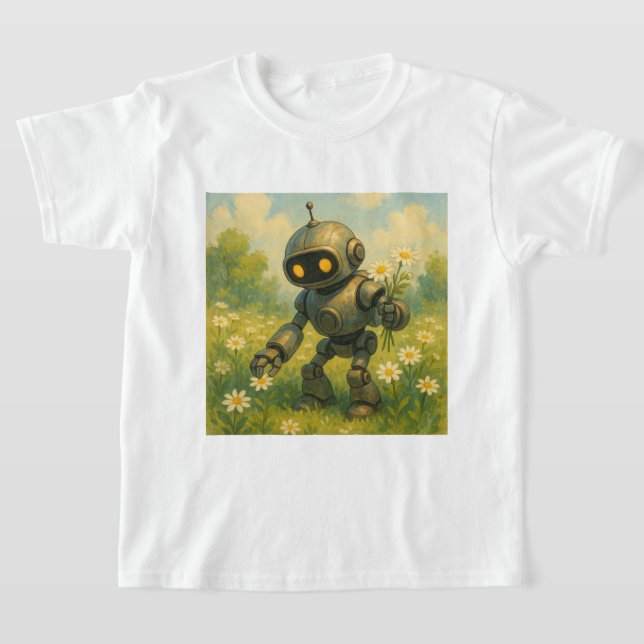 Robot Picking Flowers T Shirt (Laydown)
