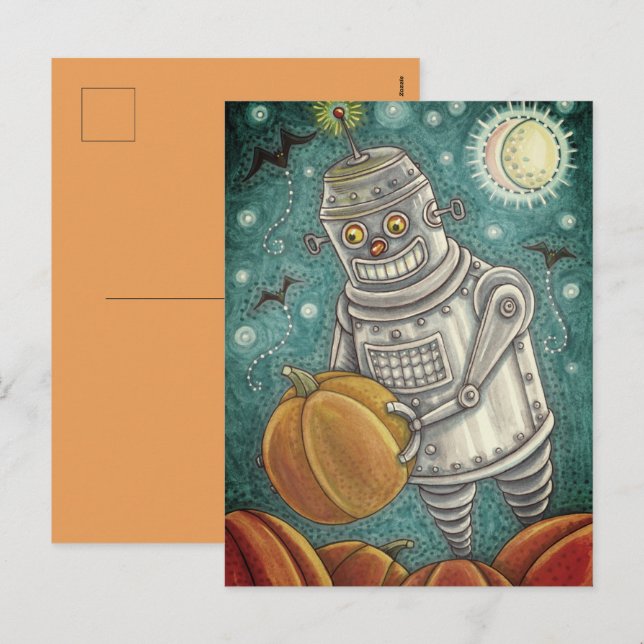 ROBOT PUMPKINS, HALLOWEEN MEECHANICAMAN HELG VYKORT (Fram/baksida)