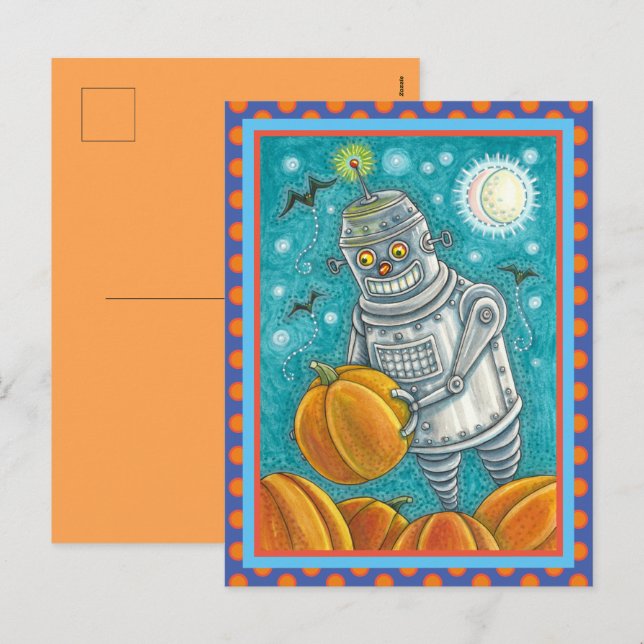 ROBOT PUMPKINS, HALLOWEEN MEECHANICAMAN HELG VYKORT (Fram/baksida)