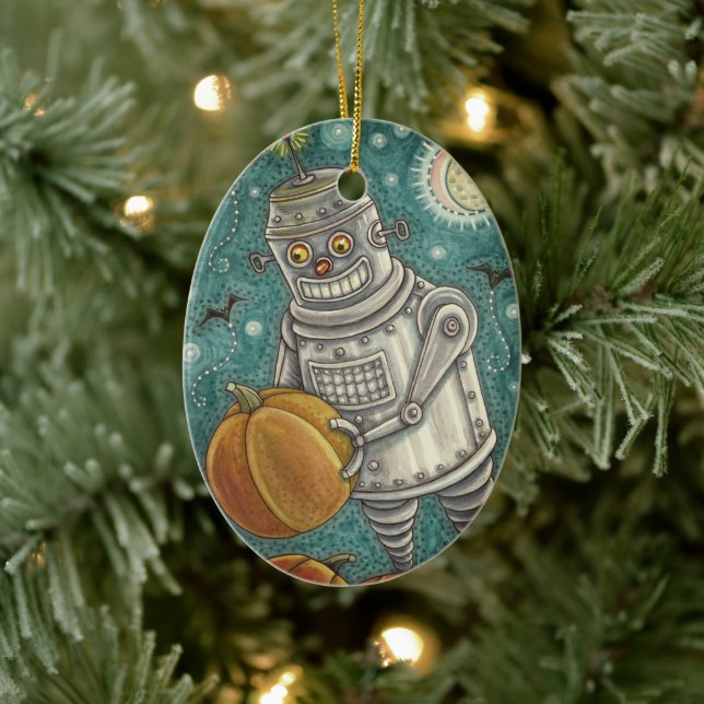 ROBOT PUMPKINS, HALLOWEEN MEECHANICAMAN JULGRANSPRYDNAD KERAMIK (Träd)