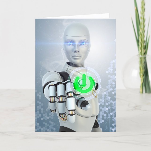 Robot Pushing Power Button Sci-Fi Greeting Card Kort (Skapare uppladdad)
