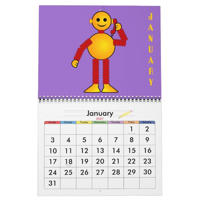 Robot sci-fi tecknad roligt science fiction kalender (Jan 2027)