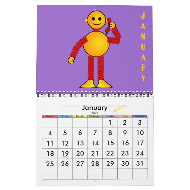 Robot sci-fi tecknad roligt science fiction kalender (Jan 2026)