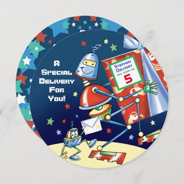 Robot, Speciell Delivery, pojkens femte Födelsedag Inbjudningar (Fram/baksida)