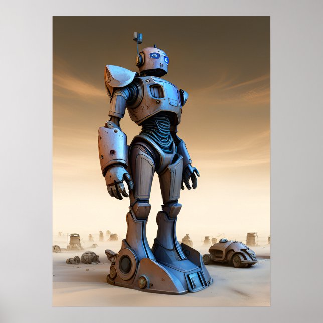 Robot Statue in Deserted Wasteland AI Poster (Framsidan)
