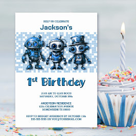 Robot Theme 1st Birthday Party Inbjudningar