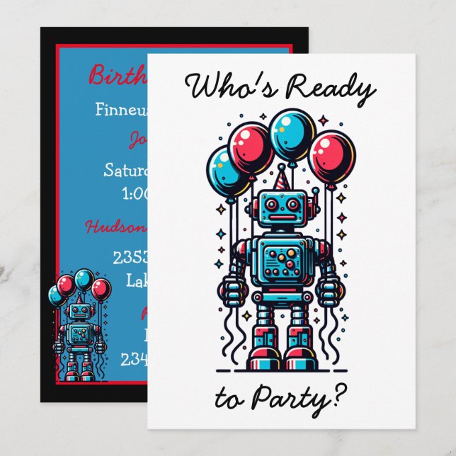 Robot Thmet Boy's Birthday Inbjudningar (Fram/baksida)