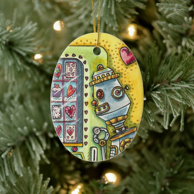 ROBOT TITTAR FÖR KÄRLEK, HJÄRTAVTAL MASKIN CUTE JULGRANSPRYDNAD KERAMIK (Träd)