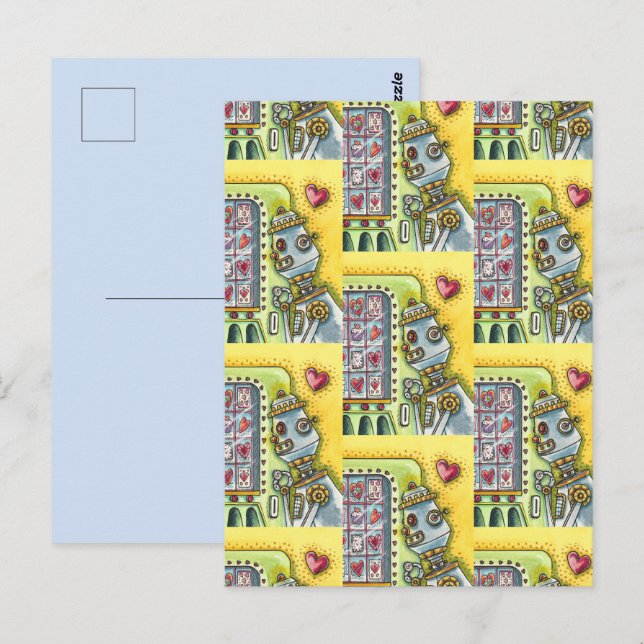 ROBOT TITTAR FÖR KÄRLEK, HJÄRTAVTAL MASKIN CUTE VYKORT (Fram/baksida)