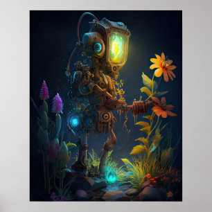 Robot Tittar vid Flowers Poster