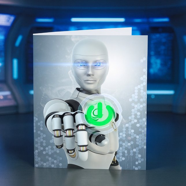 Robot trycker på strömknapp Sci-Fi anteckningskort (Skapare uppladdad)