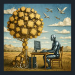 Robot Under Processor Träd Poster<br><div class="desc">En robot sitter vid ett skrivbord och interagerar med en dator som visar frasen 'Det här är inte verkligt'. Bakgrunden visar ett träd med processorer och fåglar som flyger i en geometrisk himmel.</div>