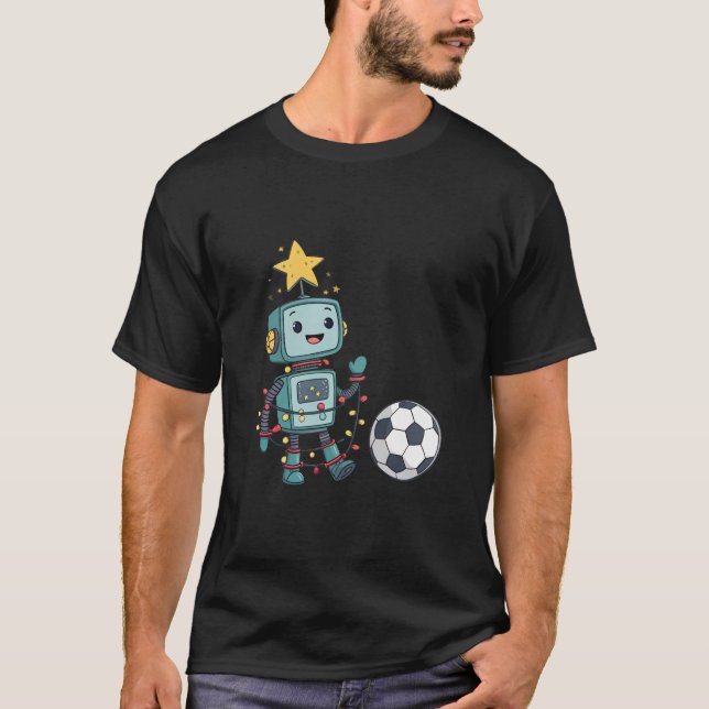 Robot with Christmas lights playing soccer T Shirt (Framsida)
