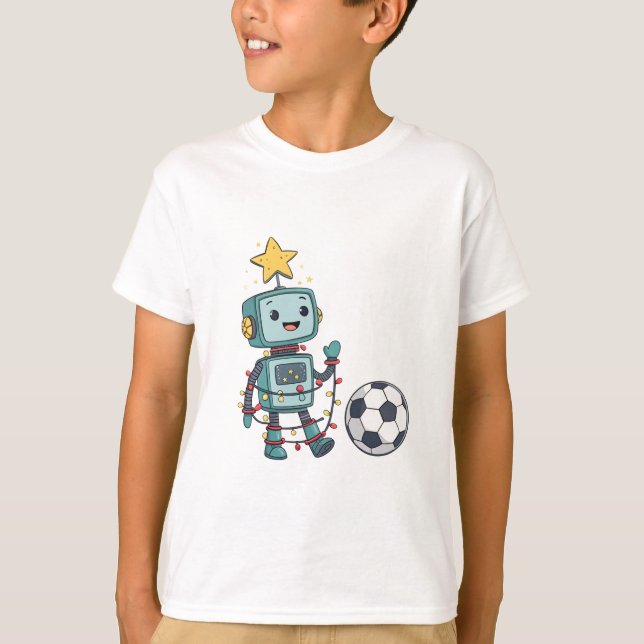 Robot with Christmas lights playing soccer T Shirt (Framsida)