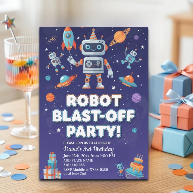 Robotar i rymden 3-års födelsedagsfest inbjudningar (Skapare uppladdad)