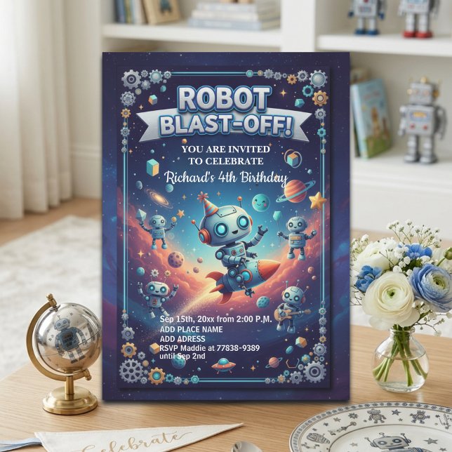 Robotar i rymden 4-års födelsedagsfest inbjudningar (Skapare uppladdad)