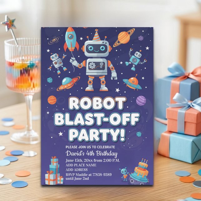 Robotar i rymden 4-års födelsedagsfest inbjudningar (Skapare uppladdad)