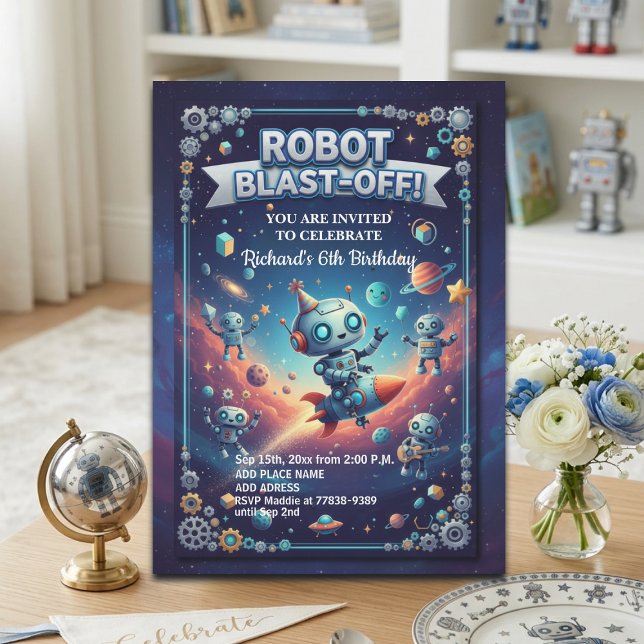 Robotar i rymden 6-års födelsedagsfest inbjudningar (Skapare uppladdad)