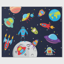 Robotar i stor rymden (avbilda) som slår in papper presentpapper