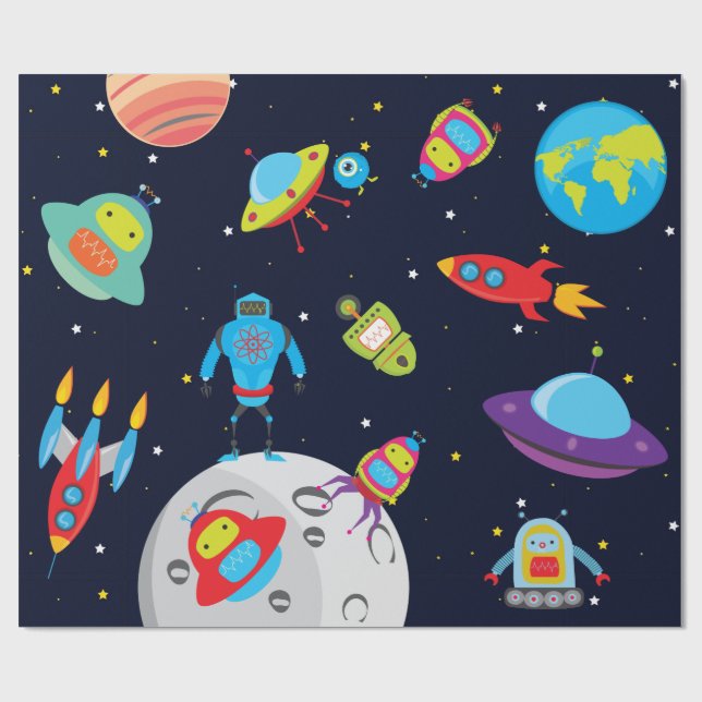 Robotar i stor rymden (avbilda) som slår in papper presentpapper (Platt)