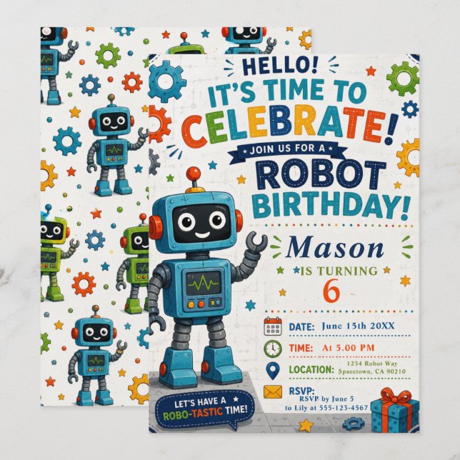 Robotfödelsedagsfest Inbjudningar (Fram/baksida)