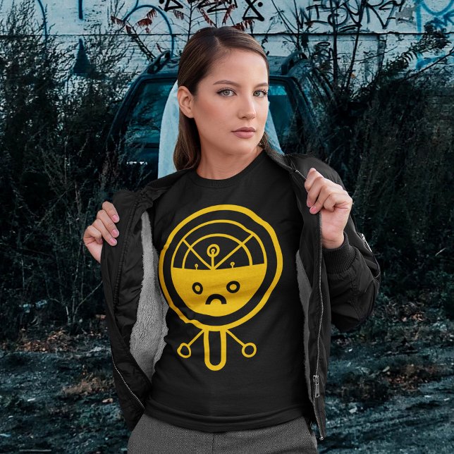Robotic Alien T Shirt (Women wearing robot alien design t-shirt in the deep black forest)