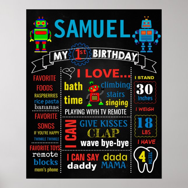 Robots Birthday chalkboard skylt chalk board boy (Framsidan)