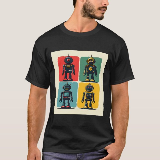 Robots för Retro Sci Fi-Tecknad T Shirt (Framsida)