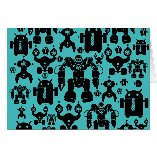 Robots Rule Roligt Robot Silhouettes Mönster Blue OBS Kort (Framsidan Horizontal)