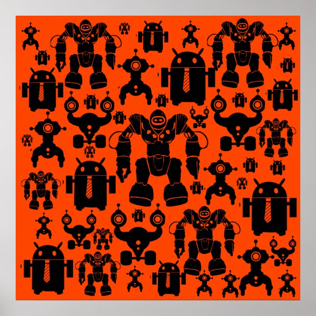 Robots Rule Roligt Robot Silhouettes Orange Roboti Poster (Framsidan)