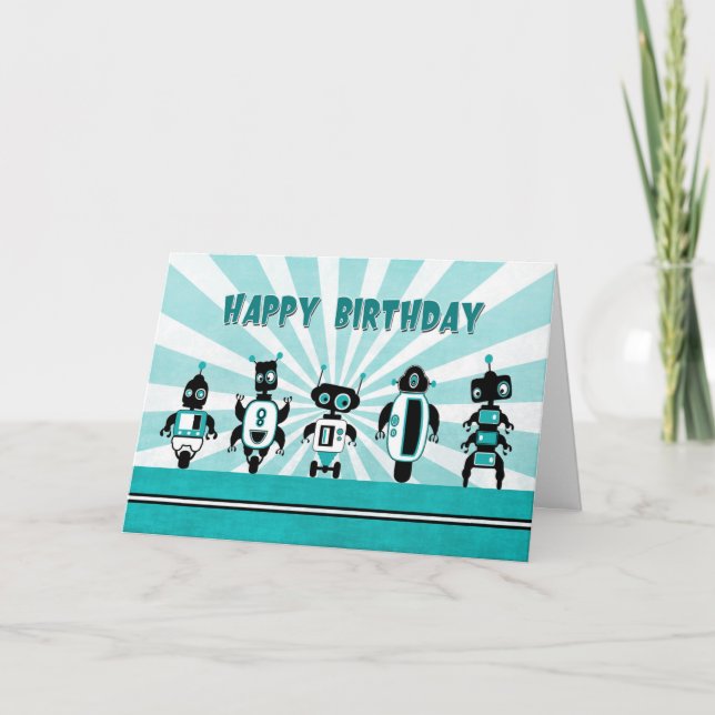Robotsrad framför Sunburst Birthday Card Kort (Framsida)